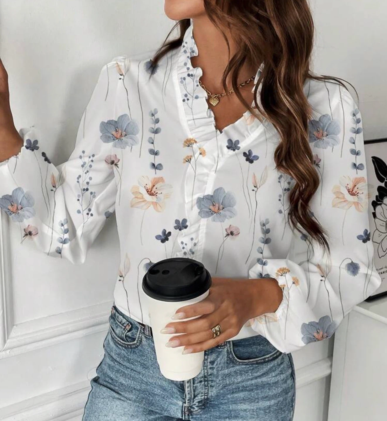 Floral Print Ruffle Neck Long Sleeve Blouse