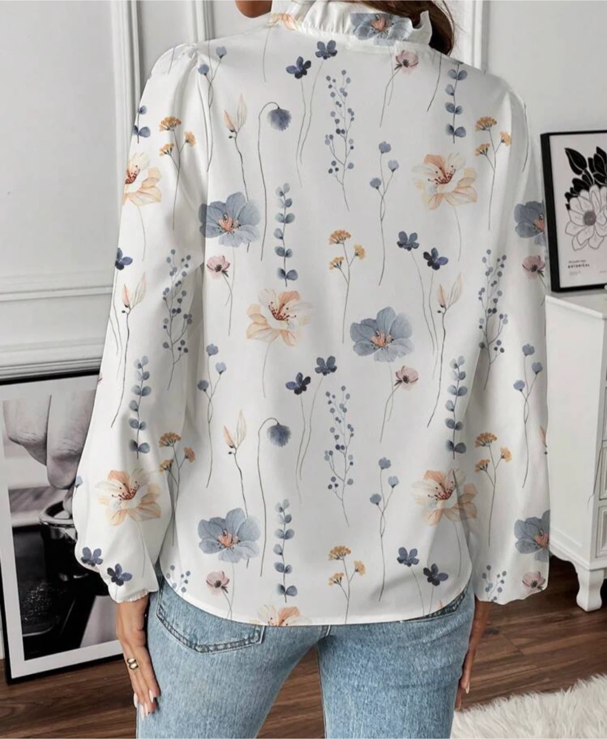 Floral Print Ruffle Neck Long Sleeve Blouse - photo 2