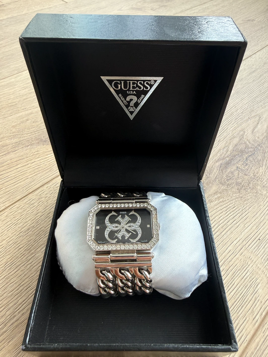 Guess Silver Tone Crystal Logo Watch