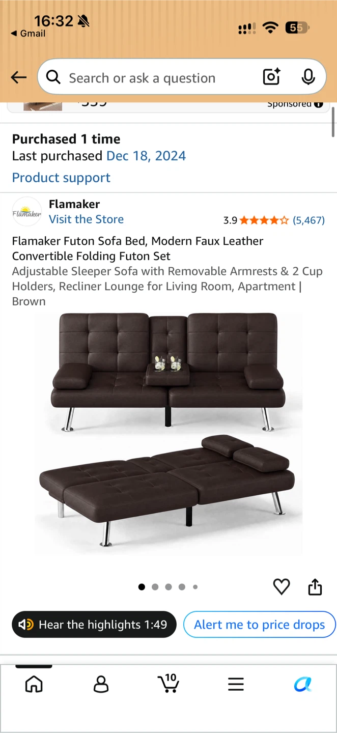 Dark Brown Faux Leather Futon Sofa - photo 2