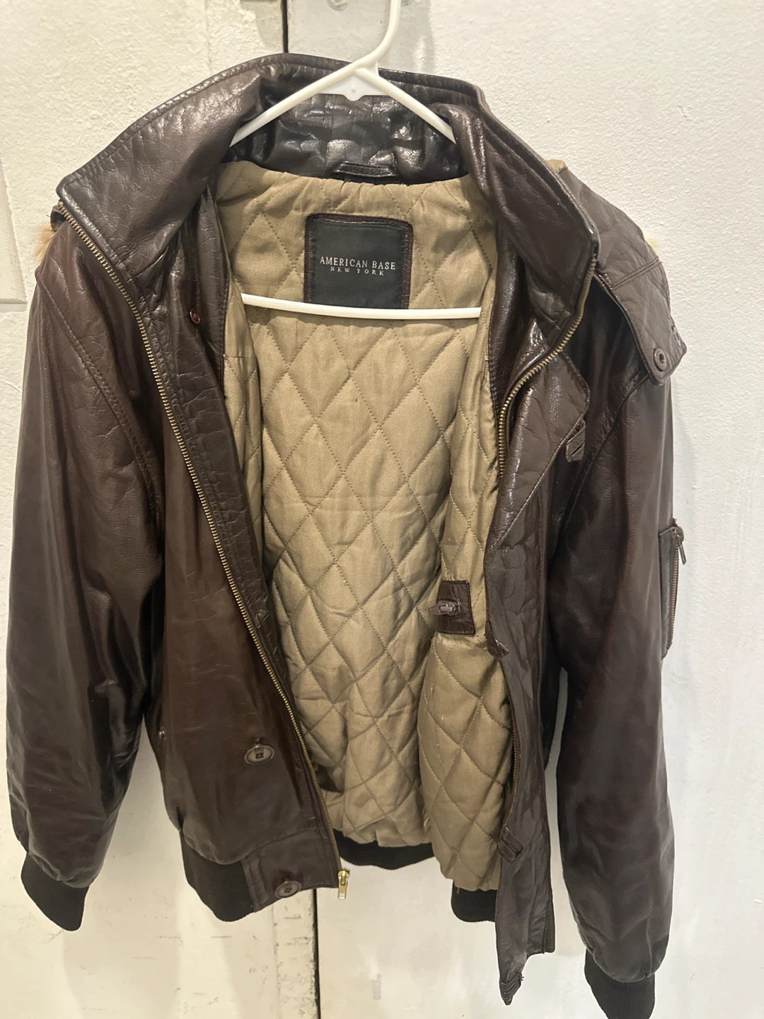 American Base New York Brown Leather Bomber Jacket