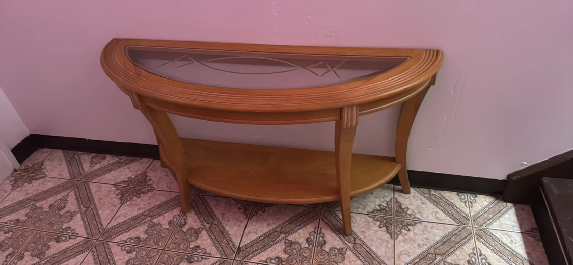 Wooden Half-Moon Console Table with Glass Top