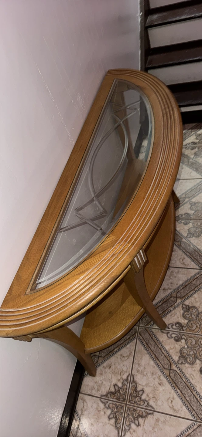 Wooden Half-Moon Console Table with Glass Top - photo 3
