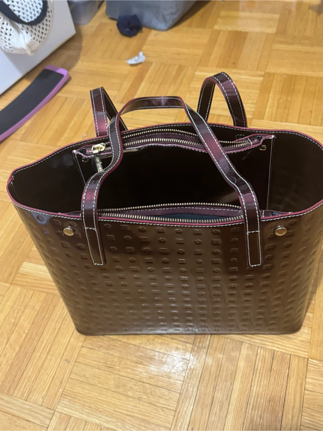 Arcadia Burgundy Patent Leather Tote Bag