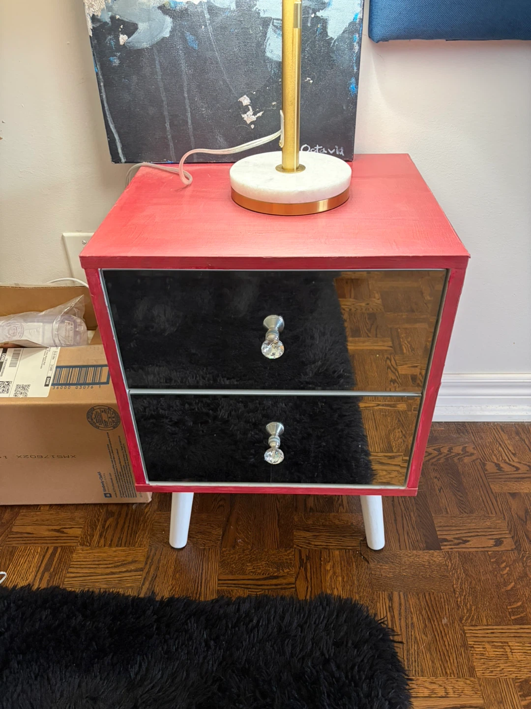 Red Mirrored 2-Drawer Nightstand
