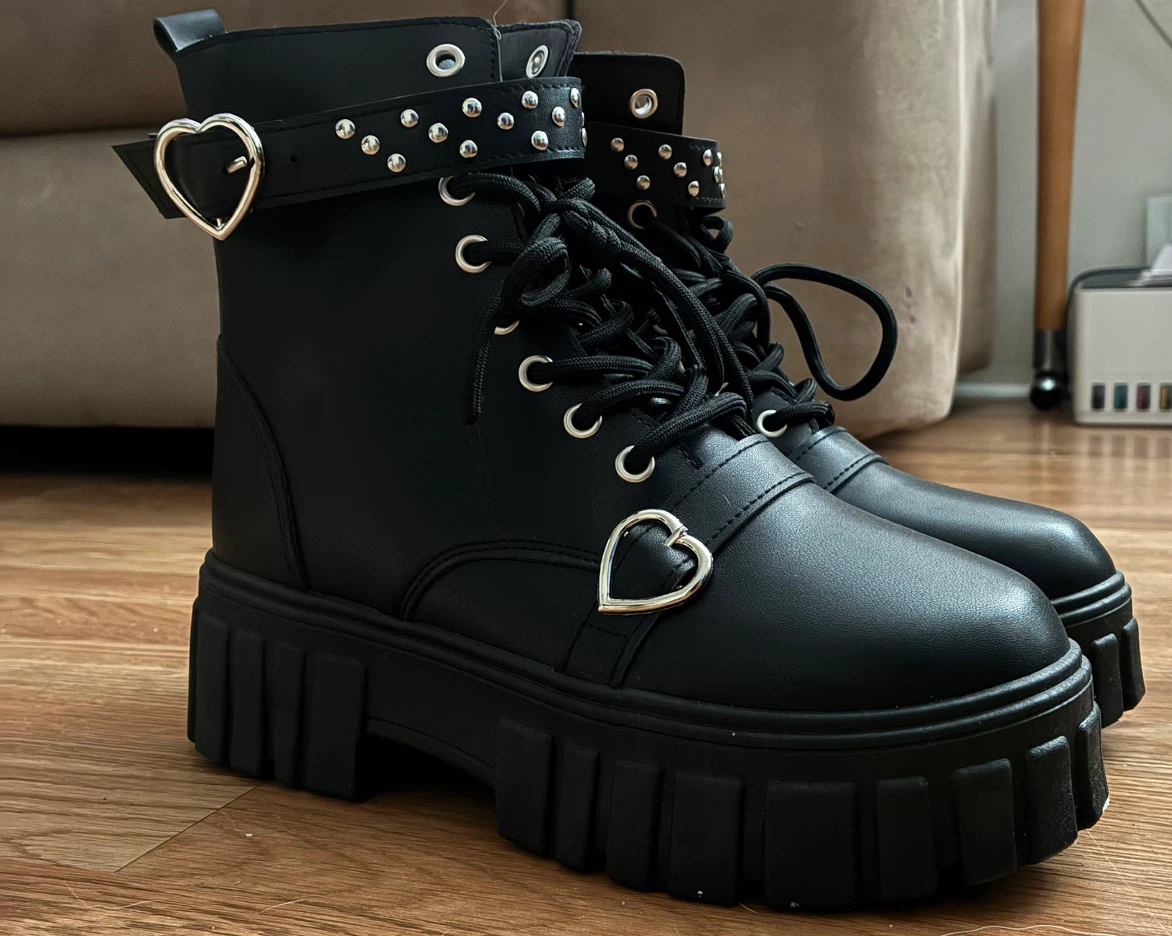 Black Goth Heart Buckle Detail Combat Boots