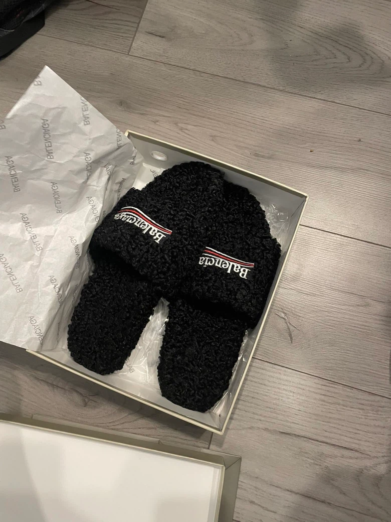 Size 12 Balenciaga Black Fur Slides
