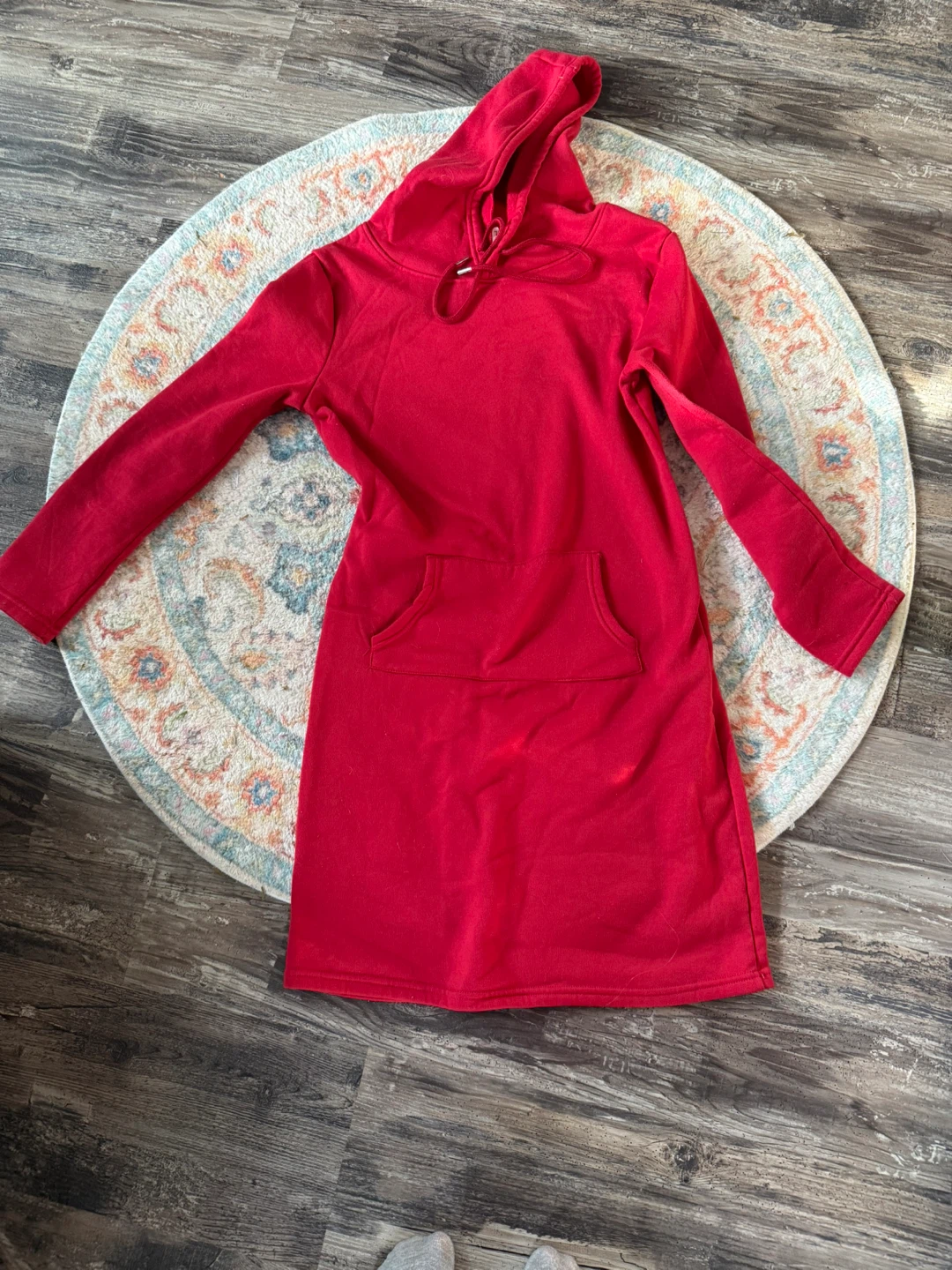 Red hooded sweatshirt mini dress