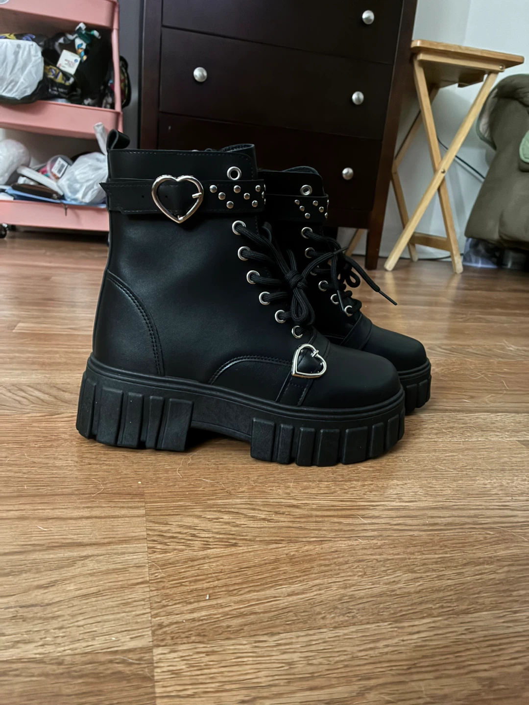 Black Goth Platform Combat Boots with Heart Buckles 7.5