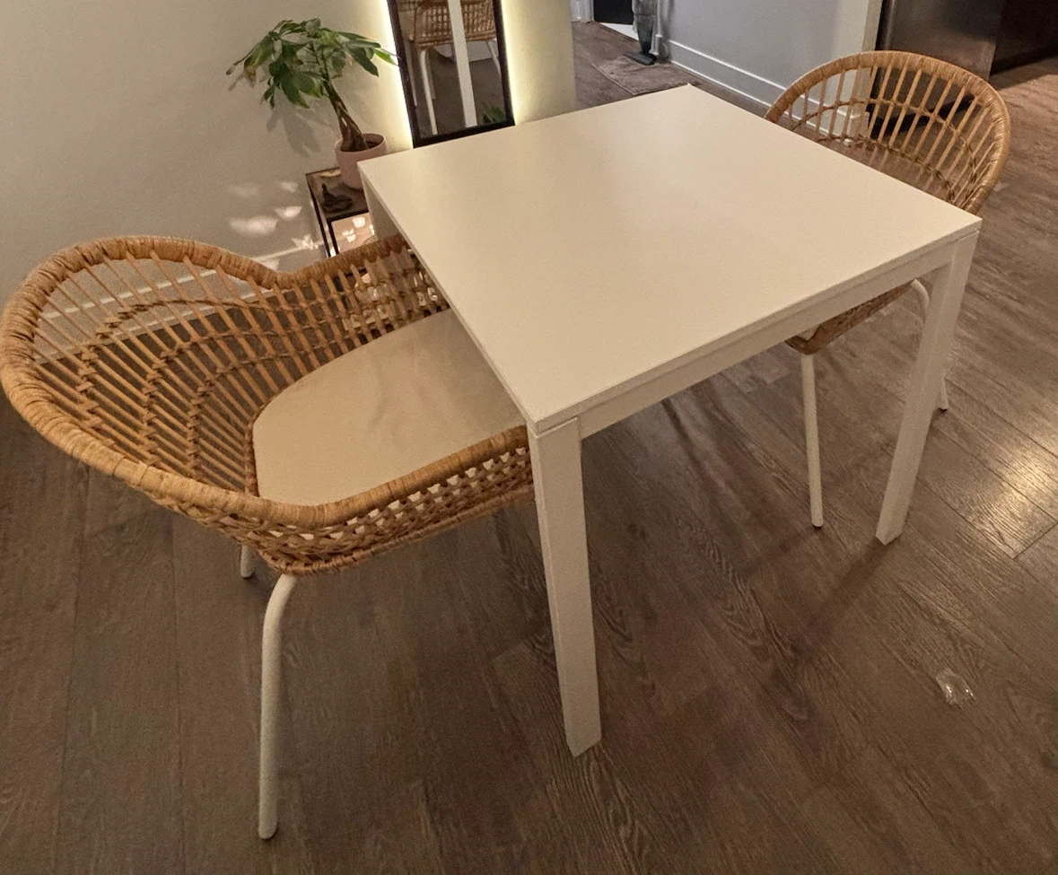 Ikea Table and Two Rattan Chairs
