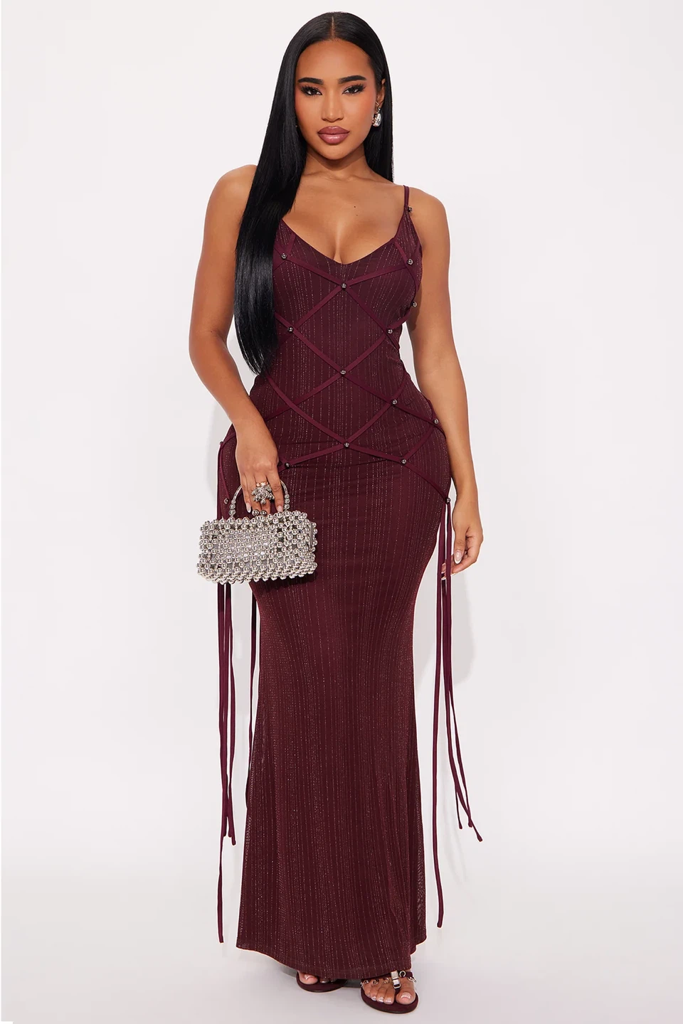 Burgundy Glitter Mesh Maxi Dress – Size 2XL