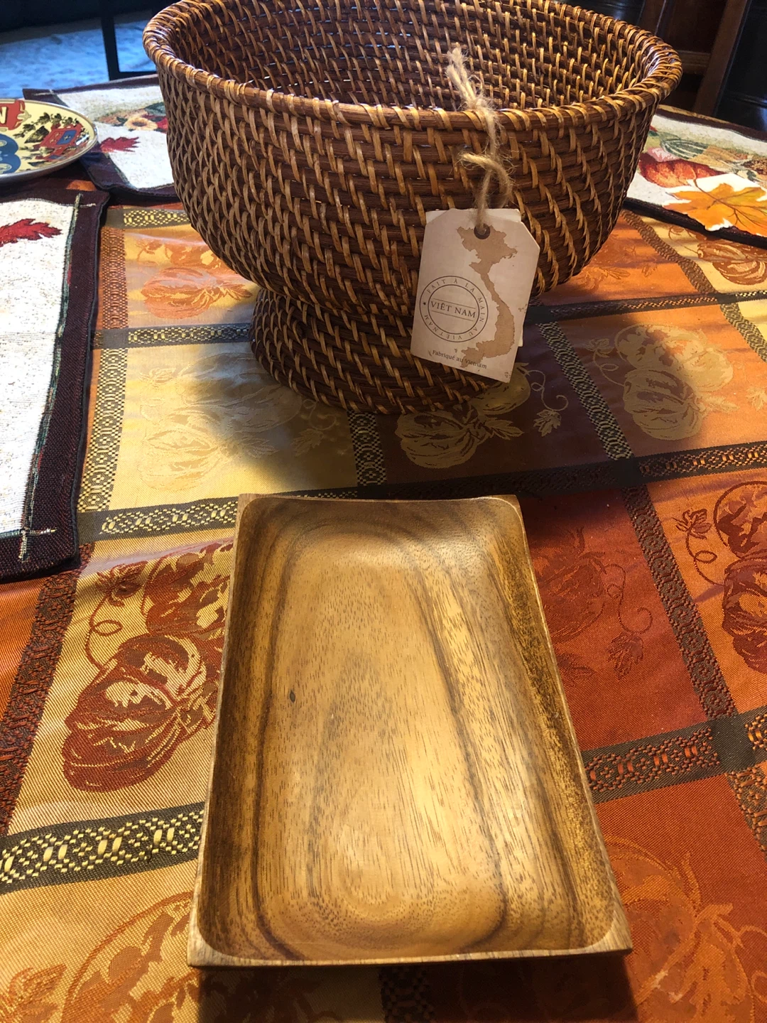 Handwoven Rattan Basket & Wooden Tray Set