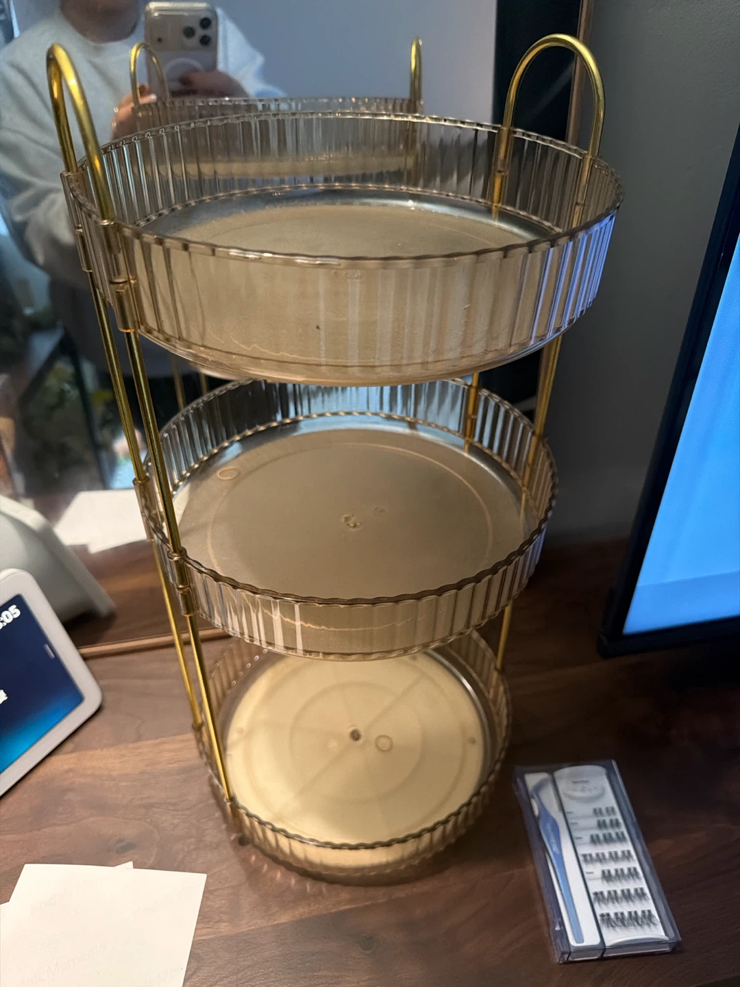 3-Tier rotating Gold and Clear Ribbed Storage Rack