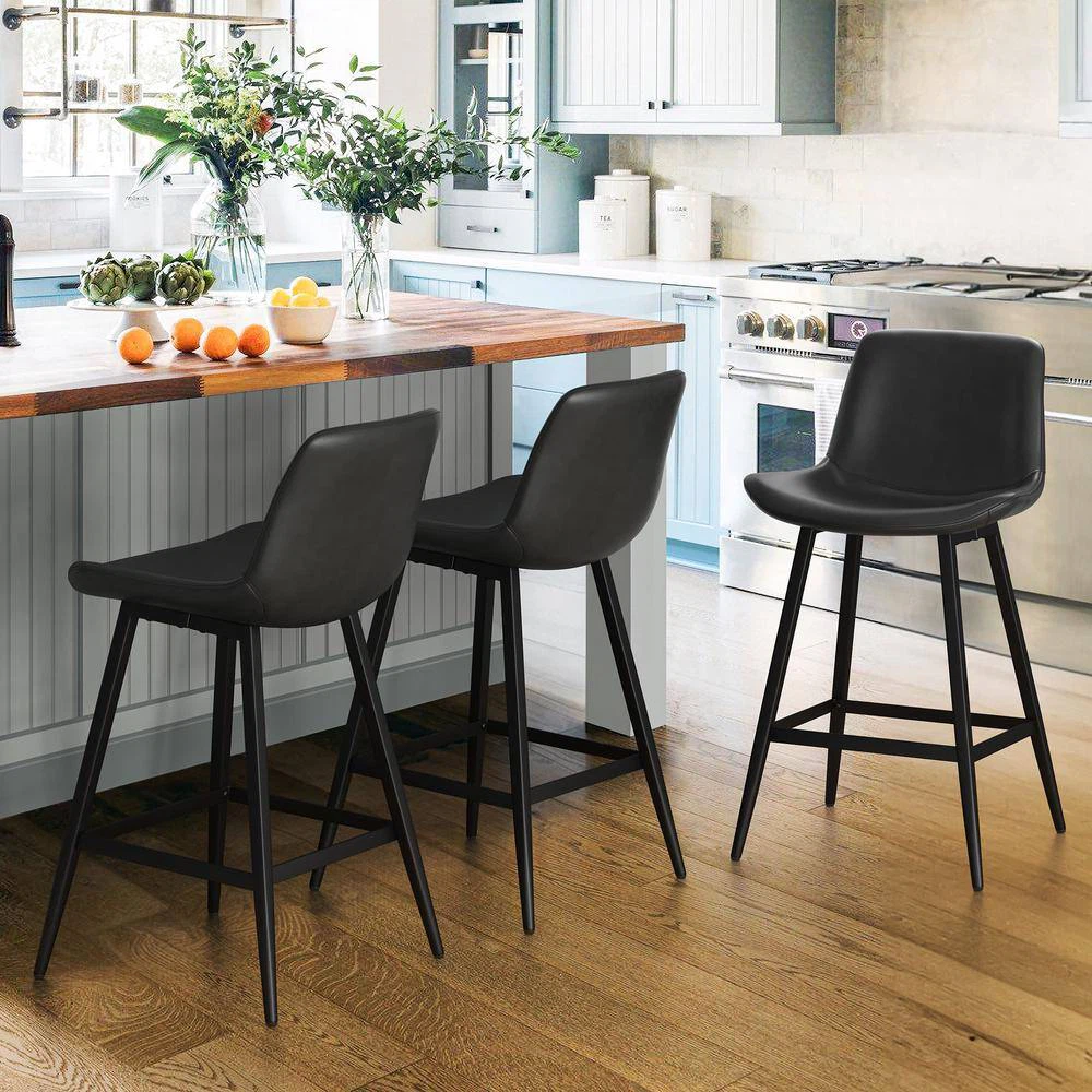 Set of 3 Black Leather Bucket Bar Stools BRAND NEW