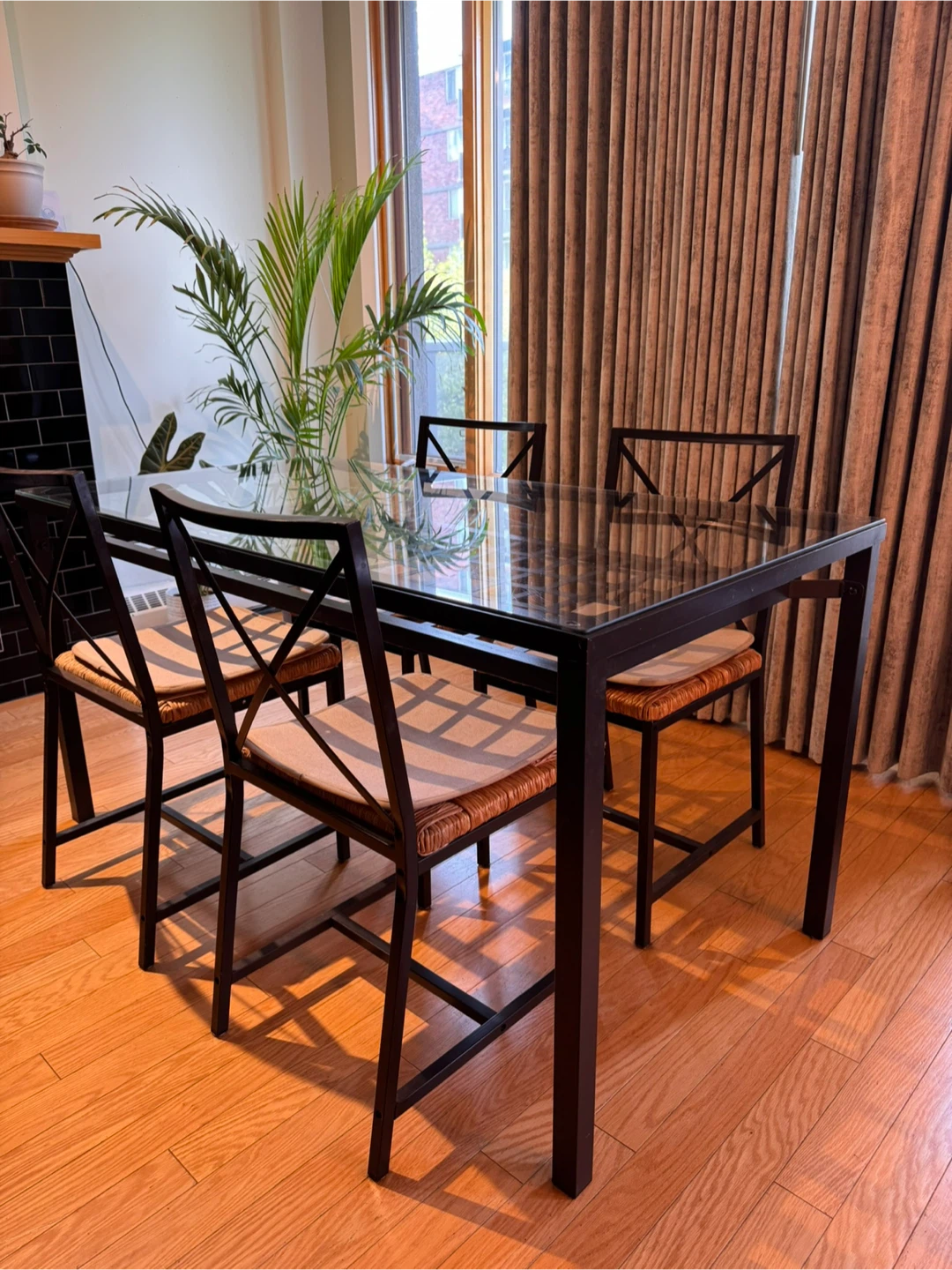 Glass Kitchen Table Set w/ 6 Chairs - Wicker & Steel - “GRANAS”