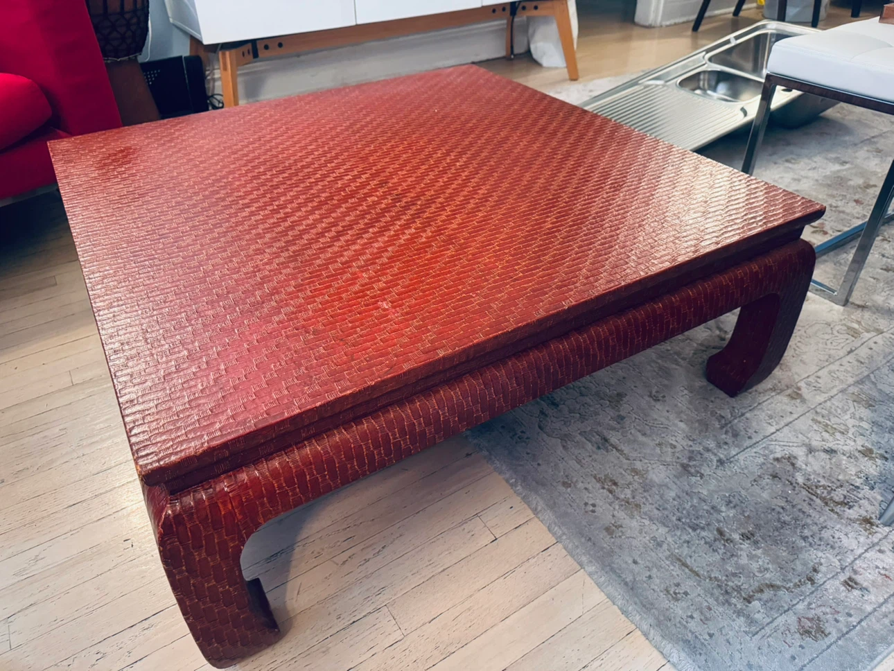 Vintage Baker Furniture Red Lacquered Raffia Coffee Table