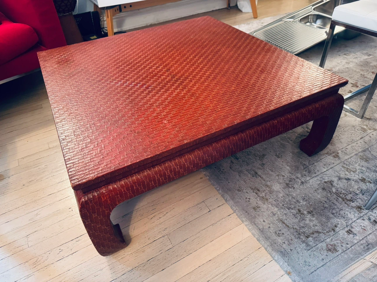 Vintage Baker Furniture Red Lacquered Raffia Coffee Table - photo 2