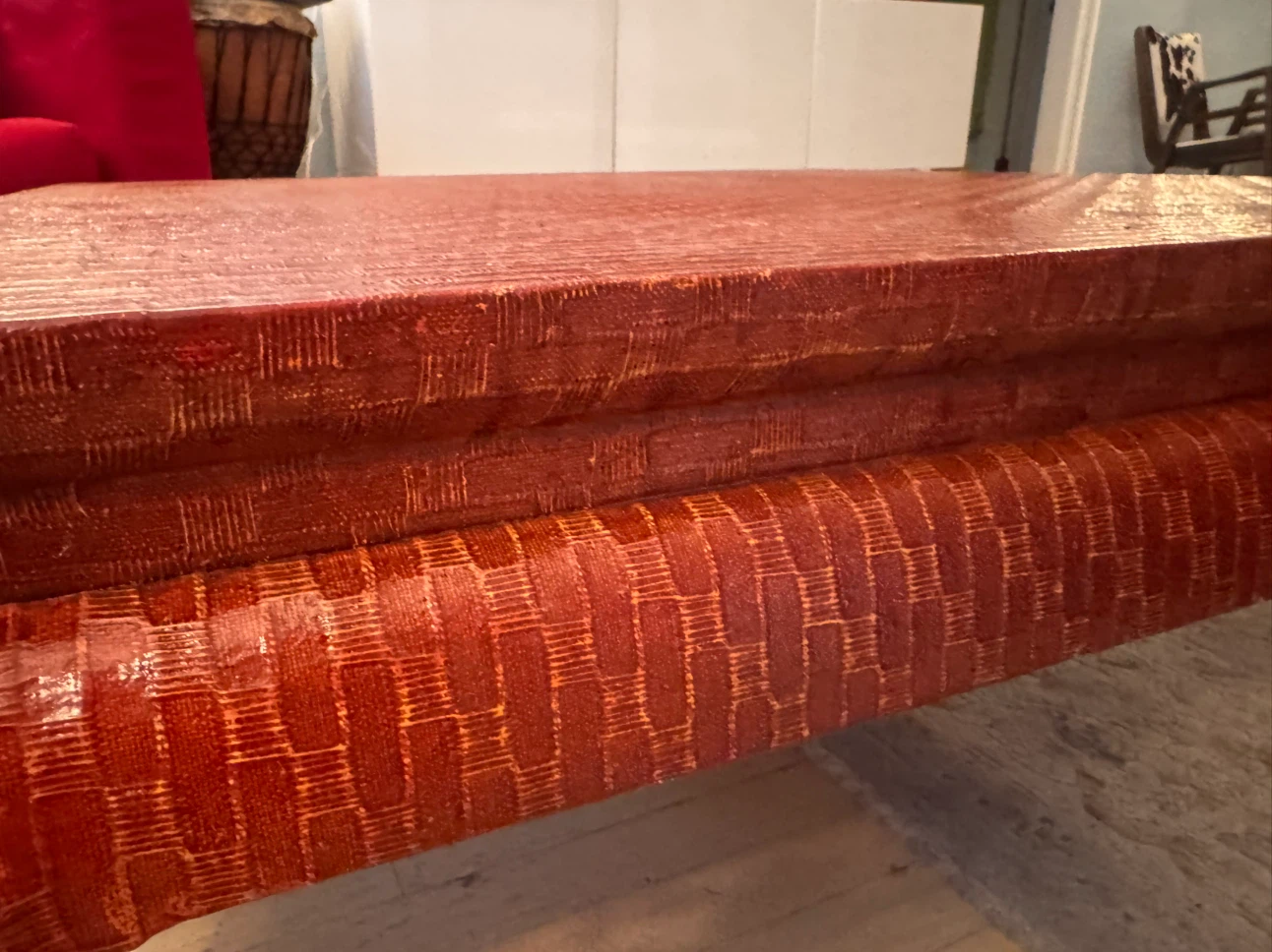 Vintage Baker Furniture Red Lacquered Raffia Coffee Table - photo 3