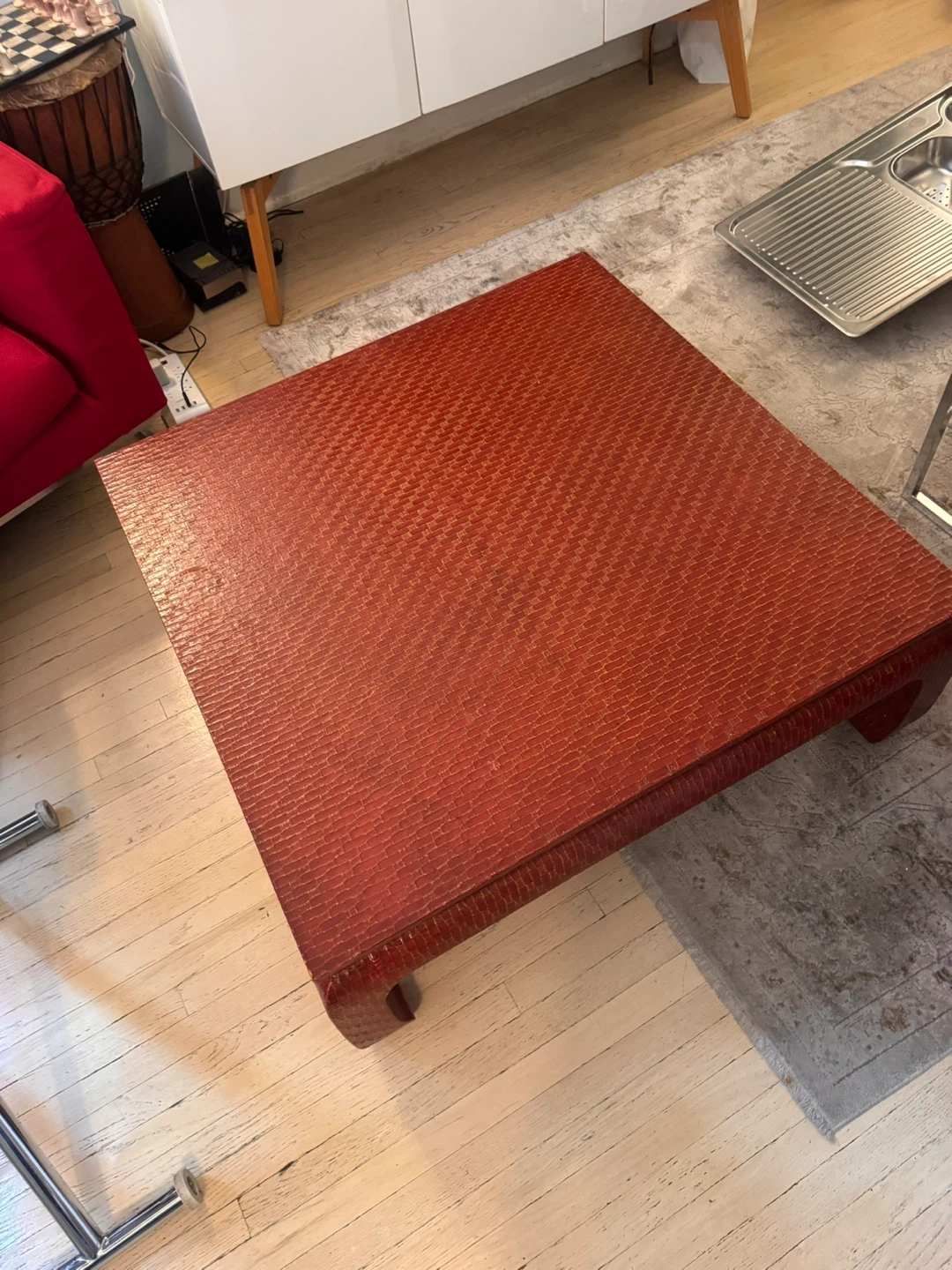 Vintage Baker Furniture Red Lacquered Raffia Coffee Table - photo 5