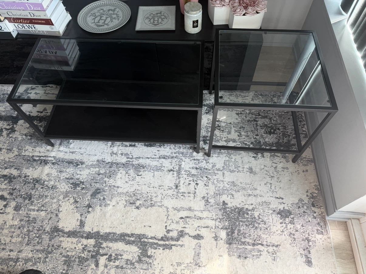 Black Metal and Glass Coffee and Side Table Set