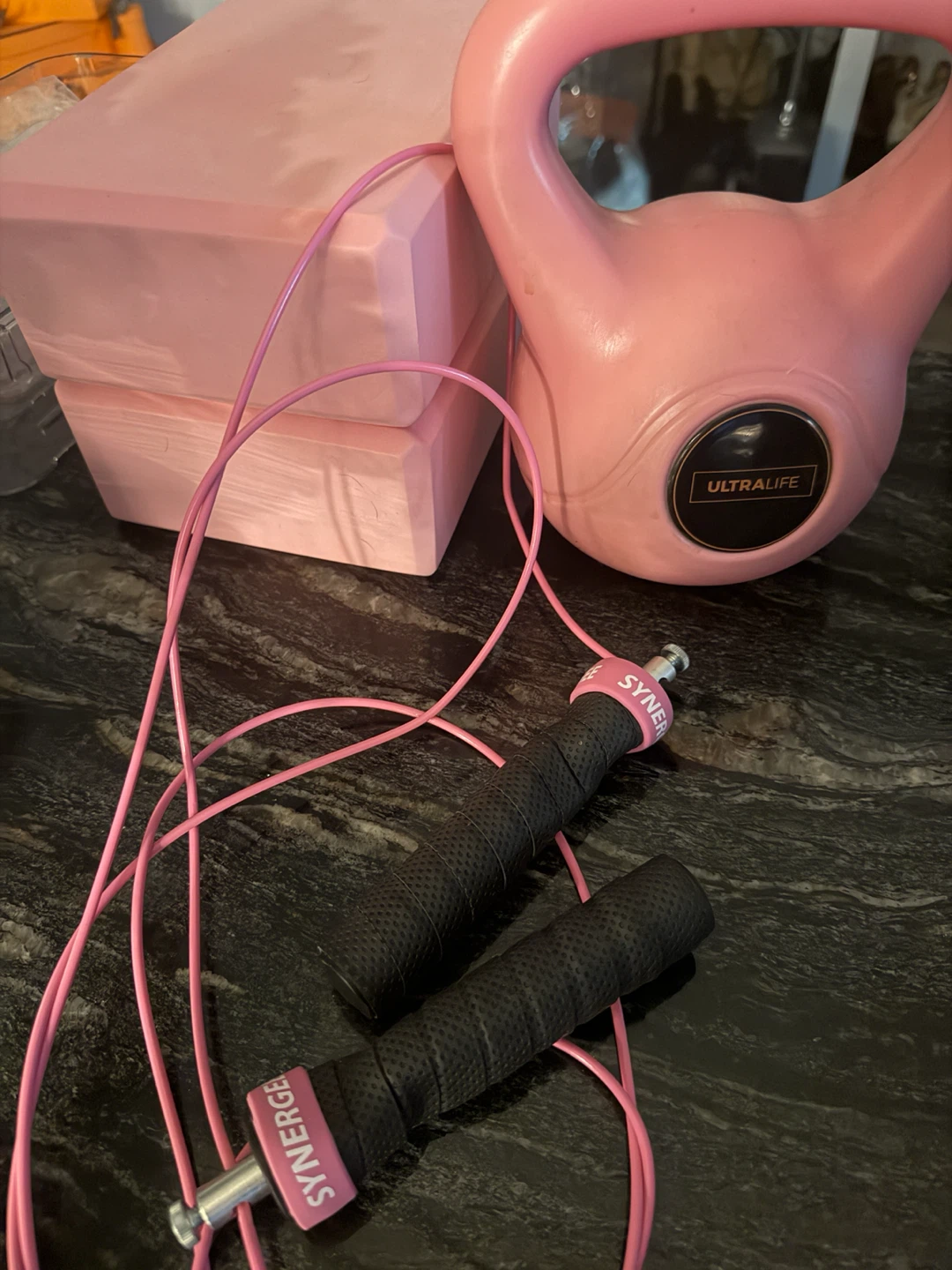 Pink Fitness Bundle: Kettlebell, Yoga Blocks and Jump Rope