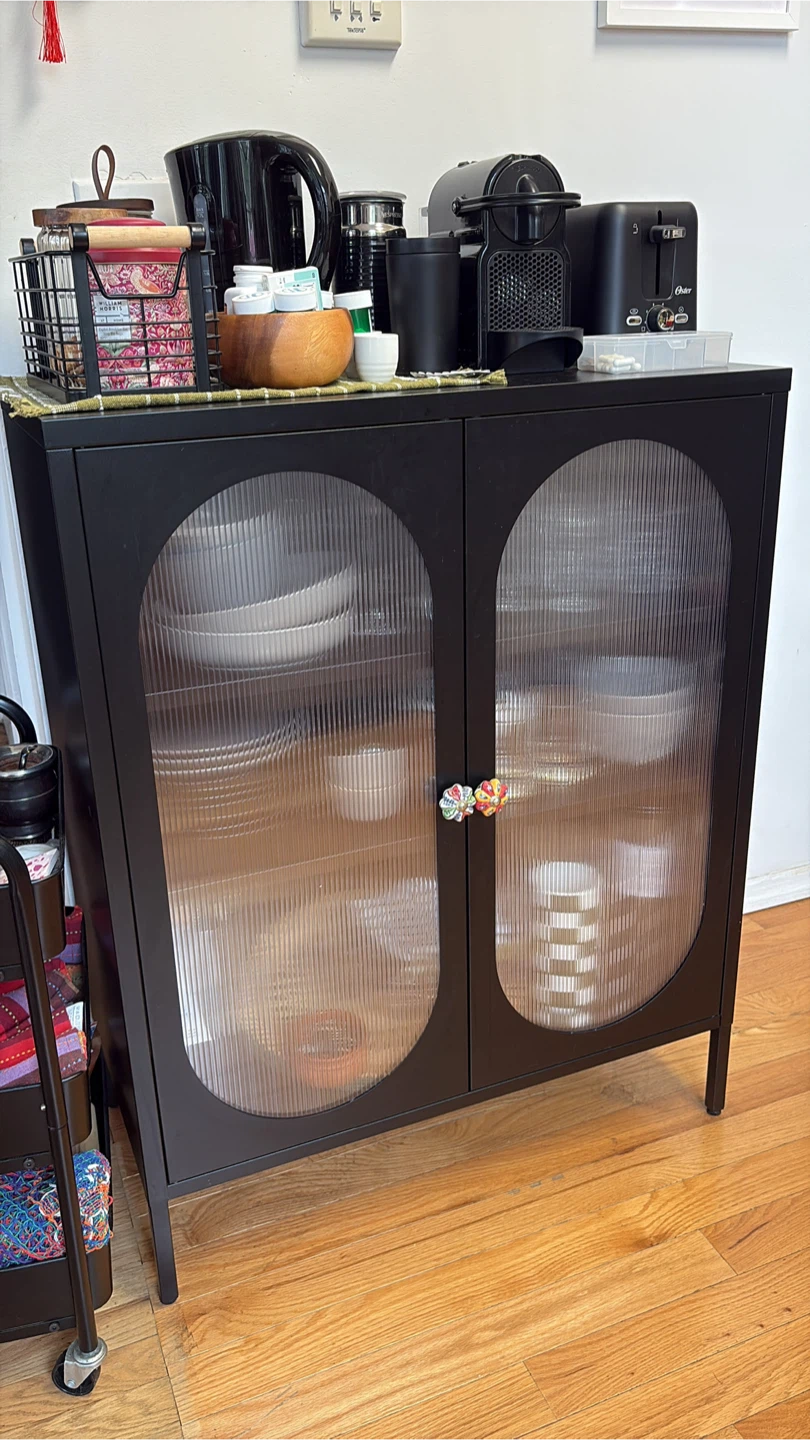 Black Arch Cabinet with Fluted Glass Doors