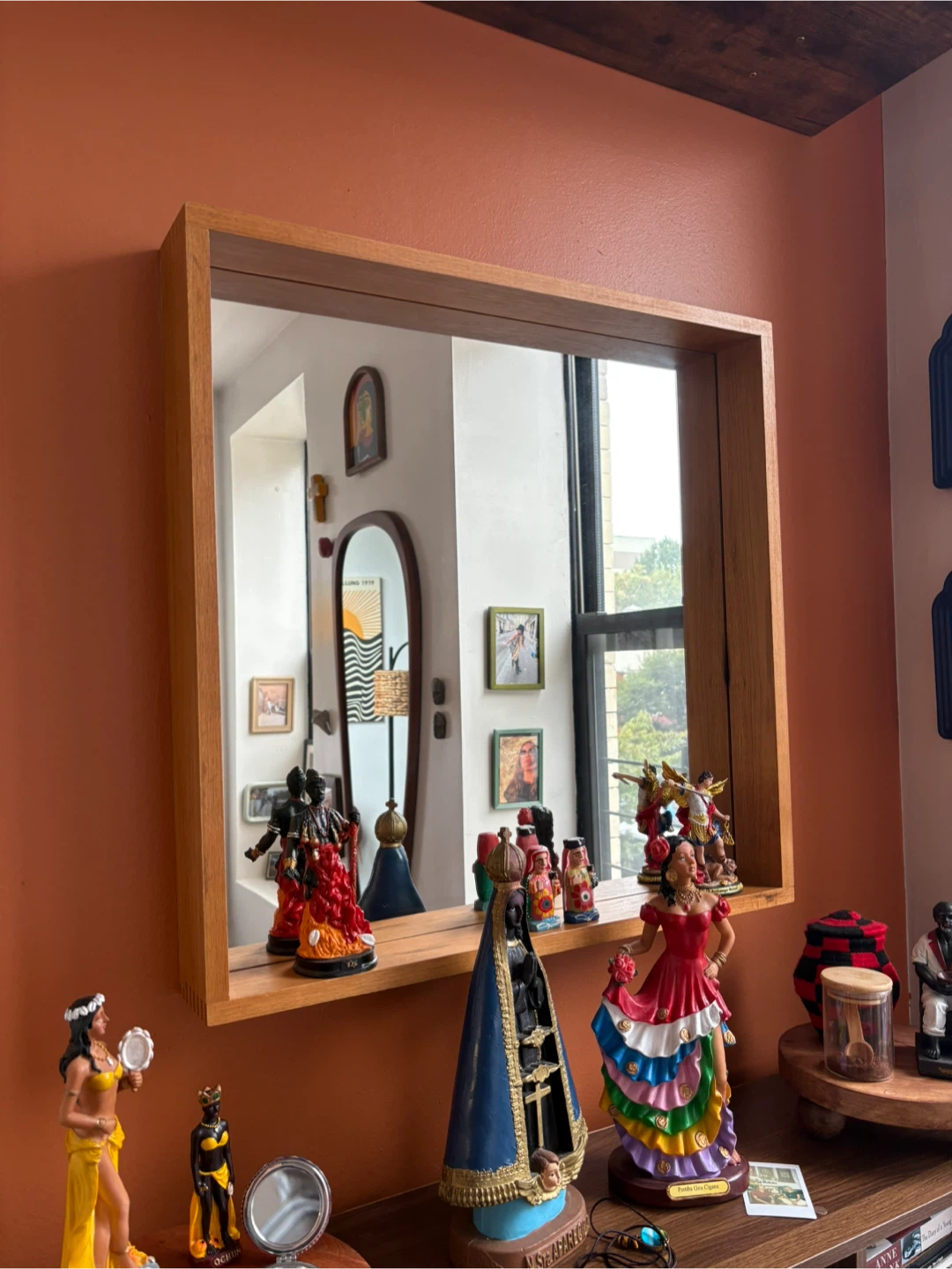 Wooden Framed Wall Mirror with Shelf