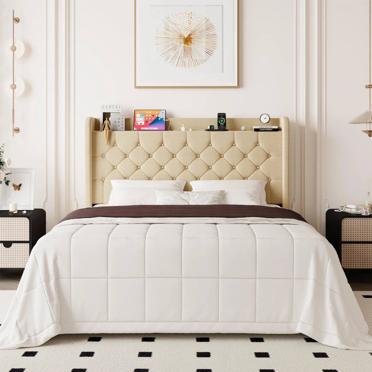 Allewie Queen Bed Frame, Storage Headboard & Charging