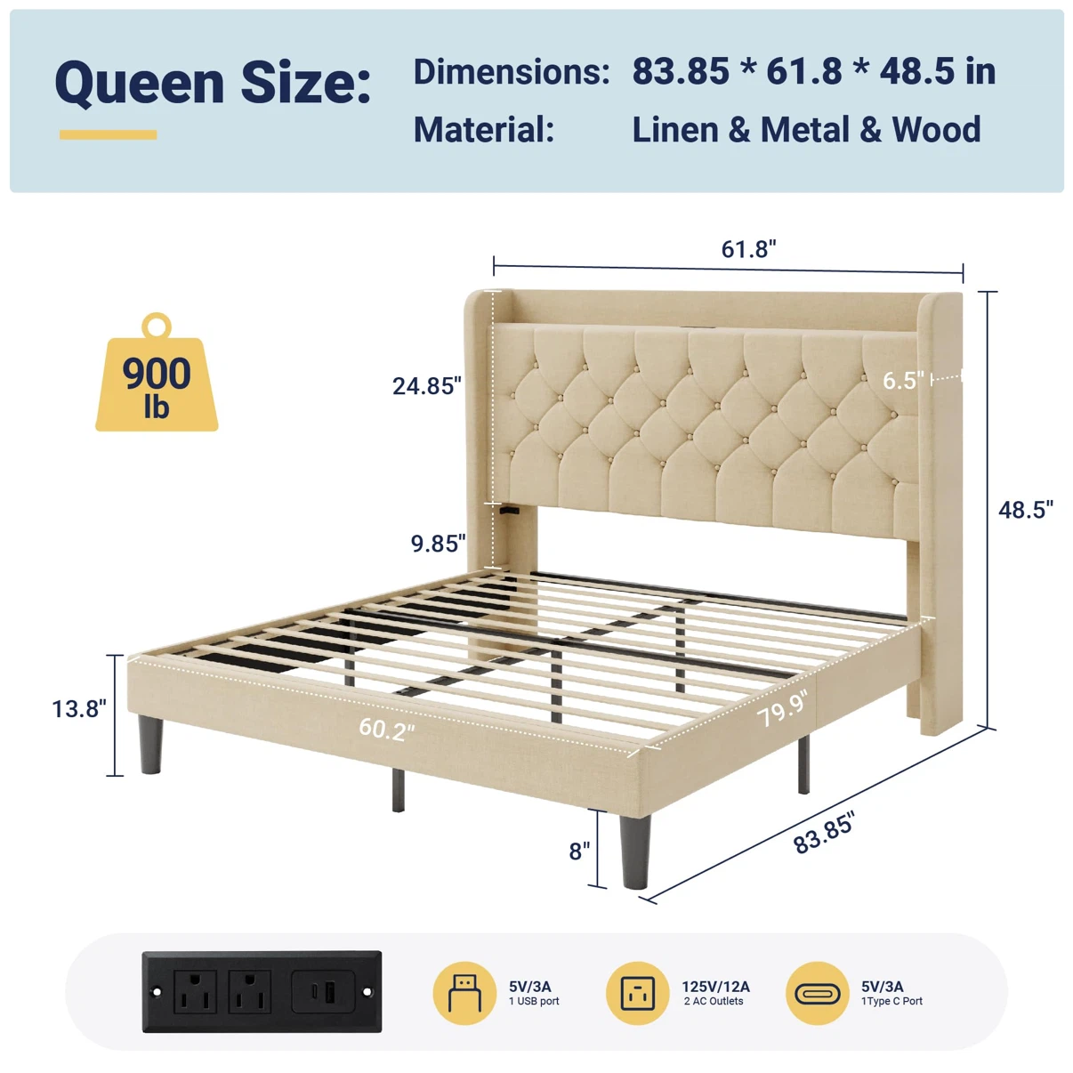 Allewie Queen Bed Frame, Storage Headboard & Charging - photo 2