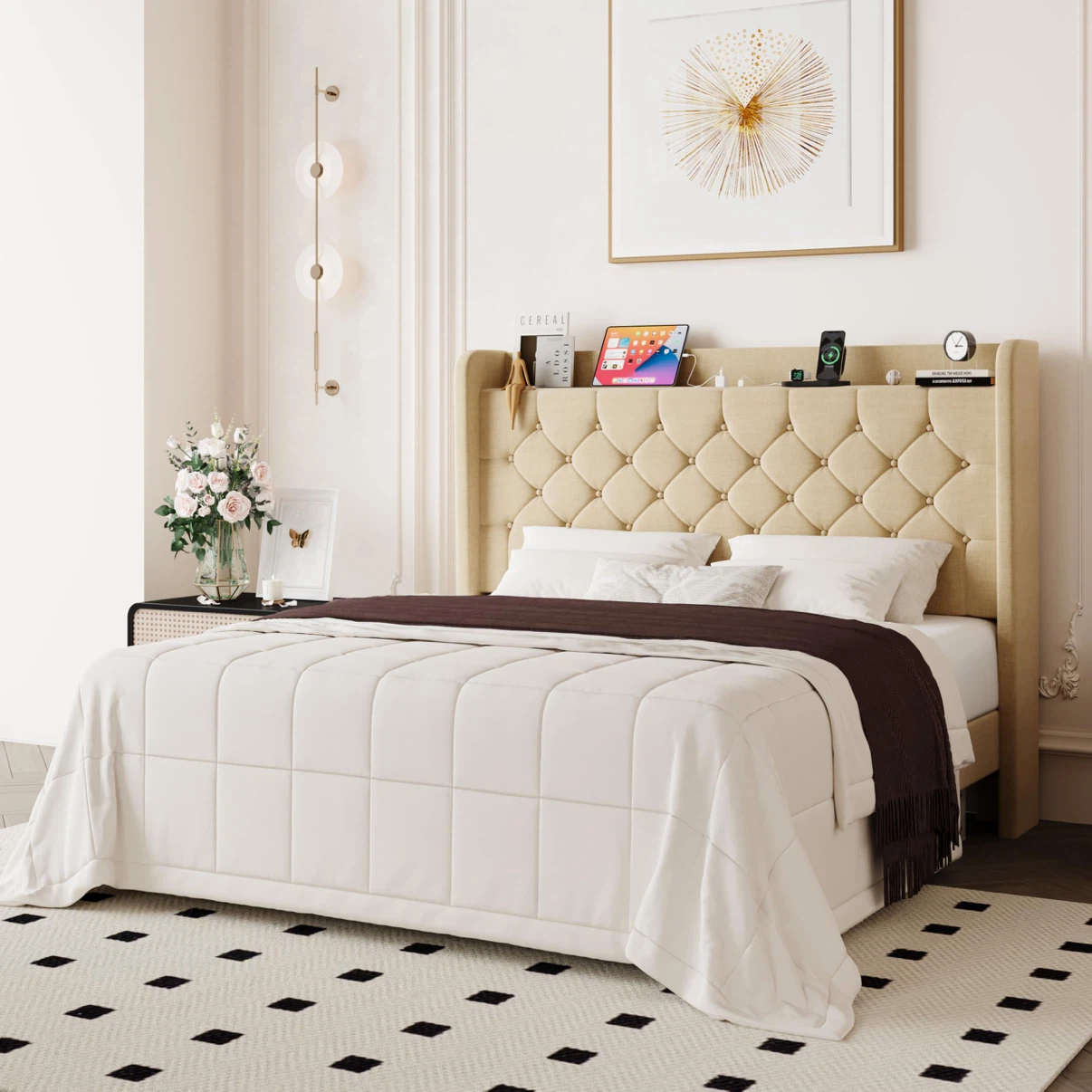 Allewie Queen Bed Frame, Storage Headboard & Charging - photo 3