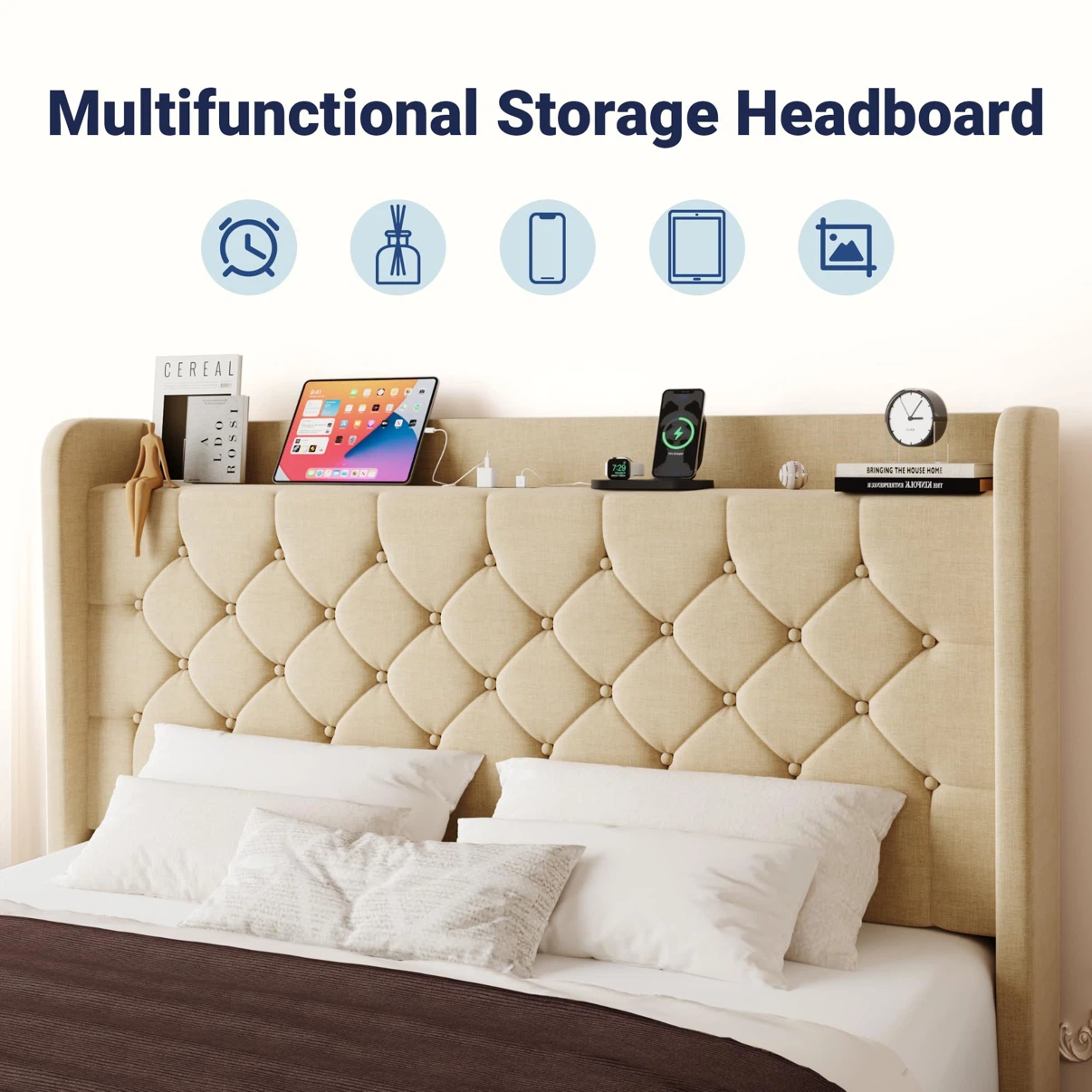 Allewie Queen Bed Frame, Storage Headboard & Charging - photo 4