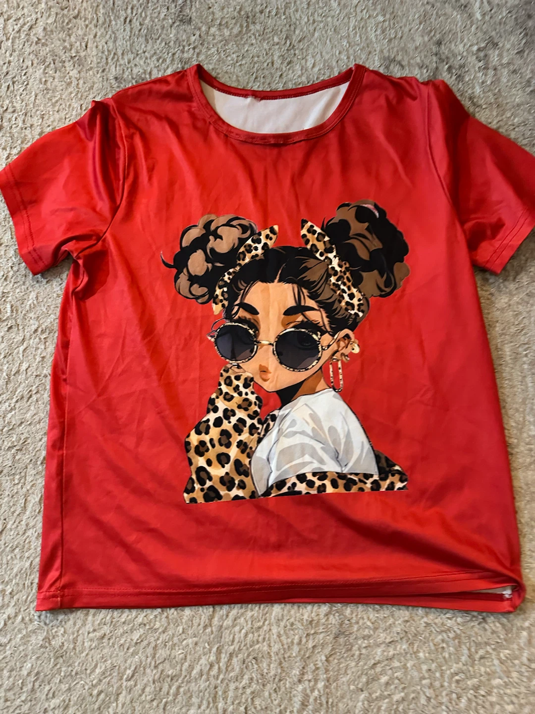 Graphic red t-shirt-  girl with cheetah prints and sunglasses