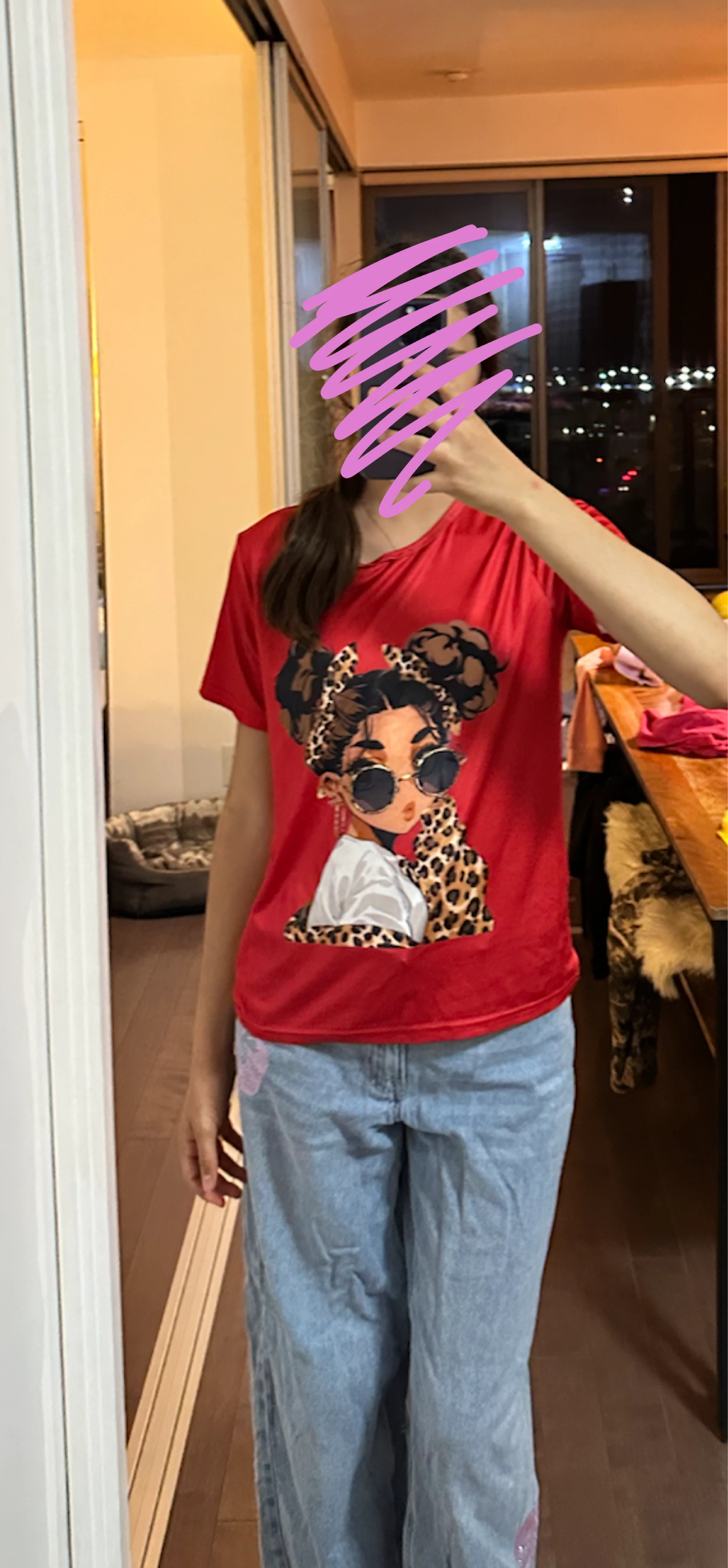 Graphic red t-shirt-  girl with cheetah prints and sunglasses - photo 3
