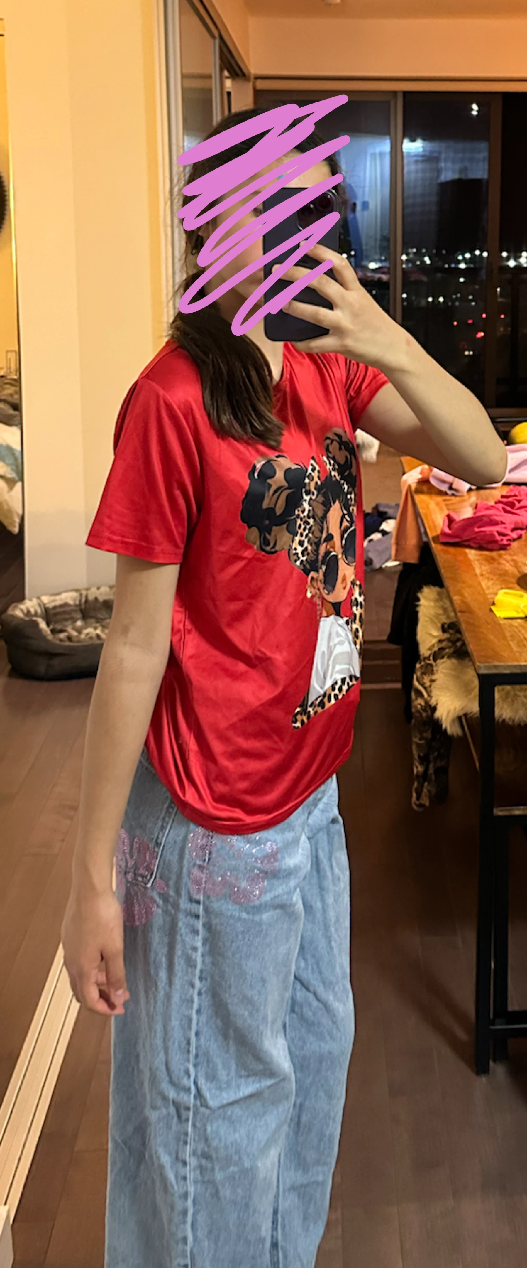 Graphic red t-shirt-  girl with cheetah prints and sunglasses - photo 4