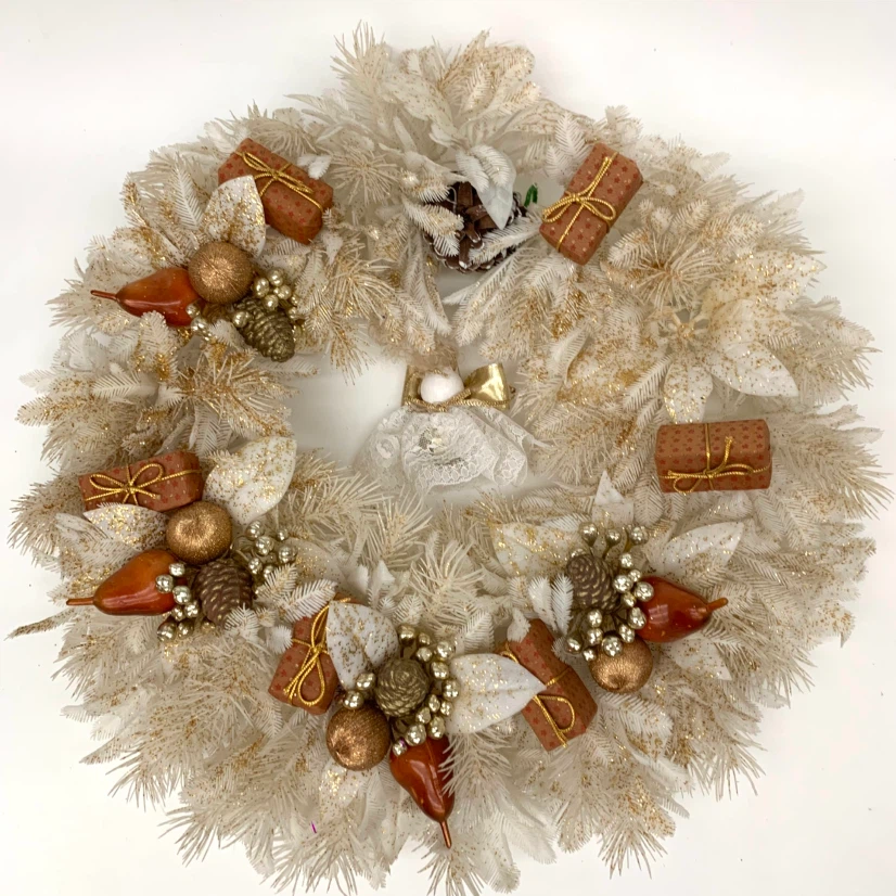Christmas Wreath White Gold Angel Holiday Door Wall Decor 15"