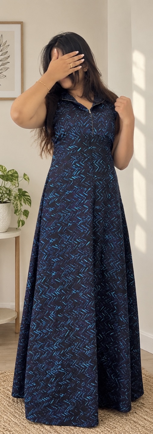 Navy and Blue Patterned Sleeveless Maxi Dress