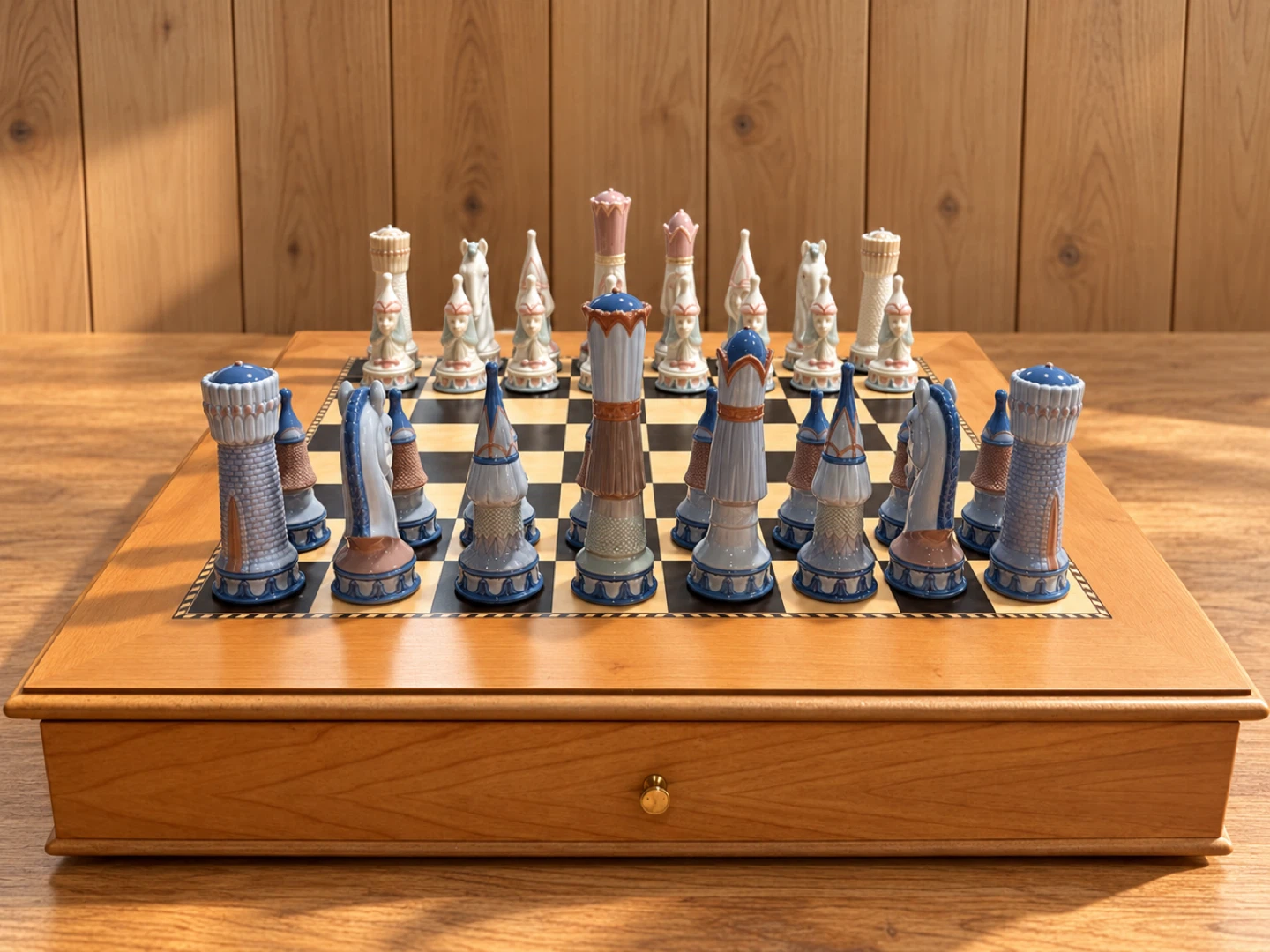Lladró 48-33 Medieval Porcelain Chess Set, Wooden Board, Spain - photo 3