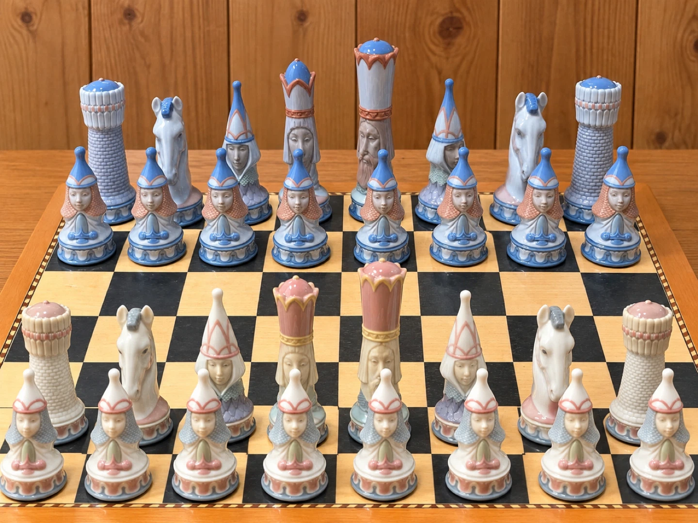 Lladró 48-33 Medieval Porcelain Chess Set, Wooden Board, Spain