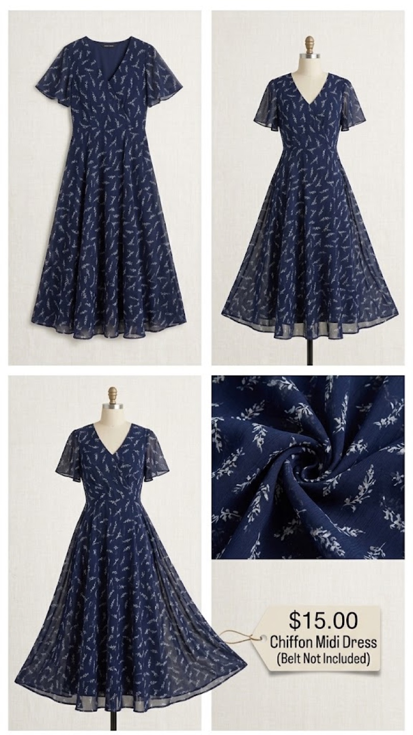 Navy Chiffon Midi Dress