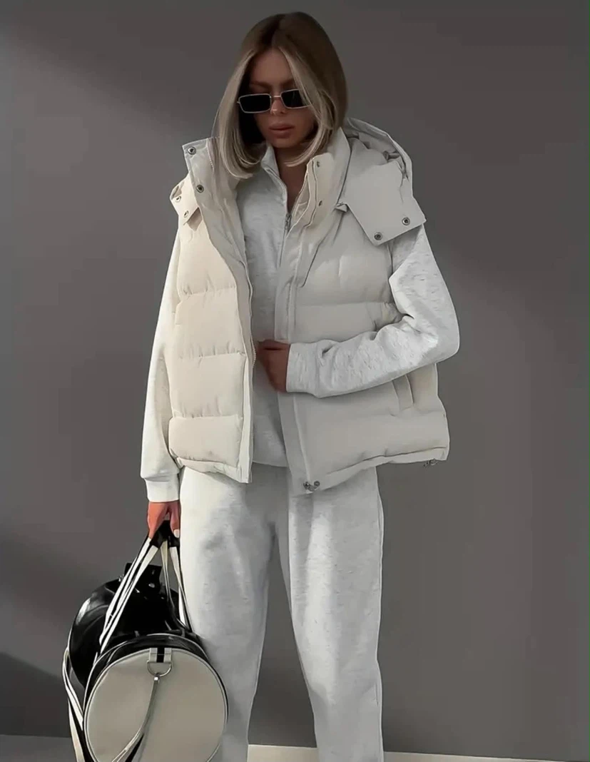 Cream Puffer Vest with Hood