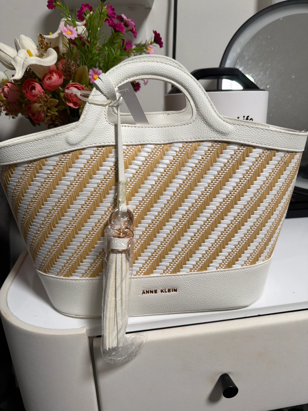 Anne Klein Straw and Faux Leather Tote Bag