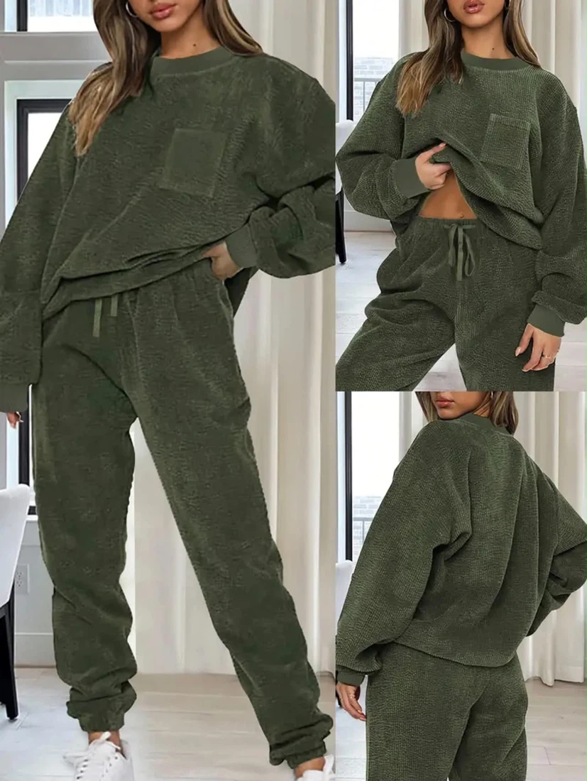 Olive Green Waffle Knit Loungewear Set