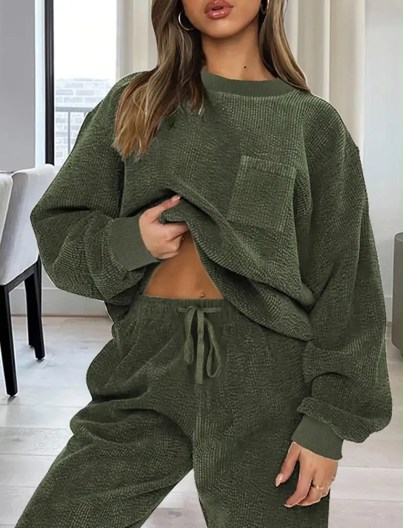 Olive Green Waffle Knit Loungewear Set - photo 2
