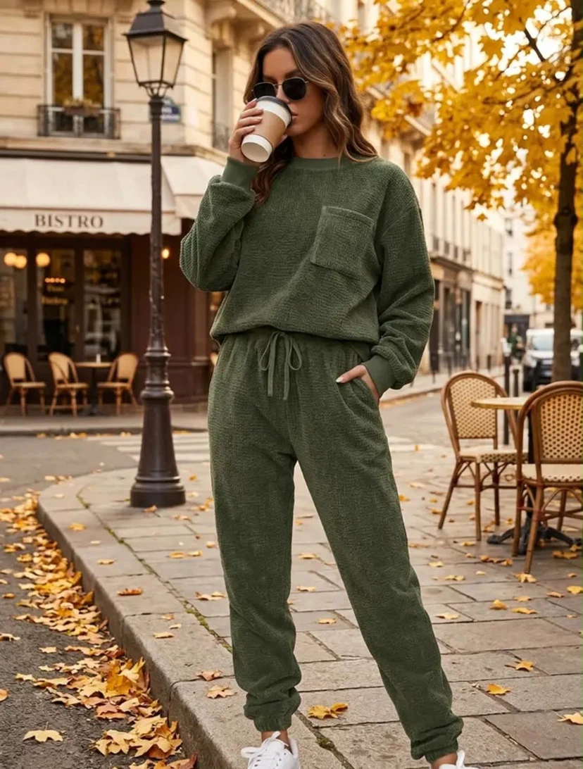 Olive Green Waffle Knit Loungewear Set - photo 3