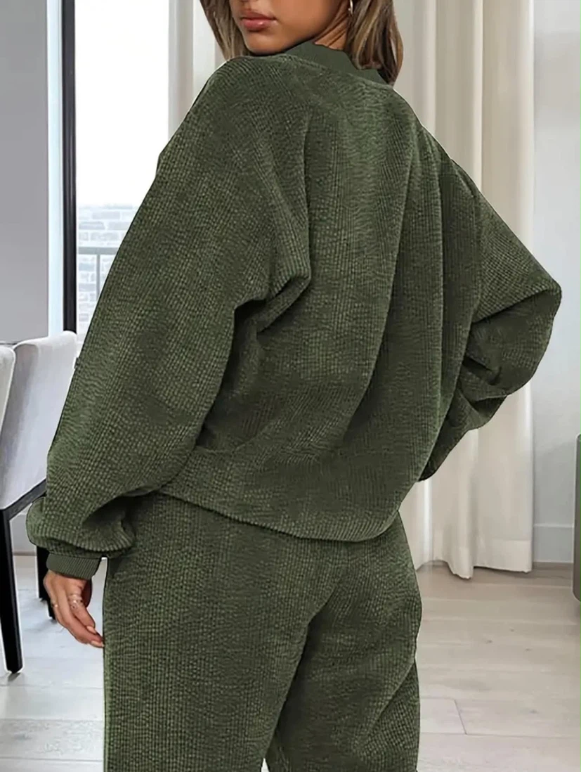 Olive Green Waffle Knit Loungewear Set - photo 4