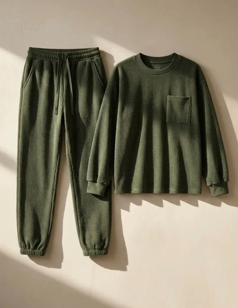Olive Green Waffle Knit Loungewear Set - photo 5