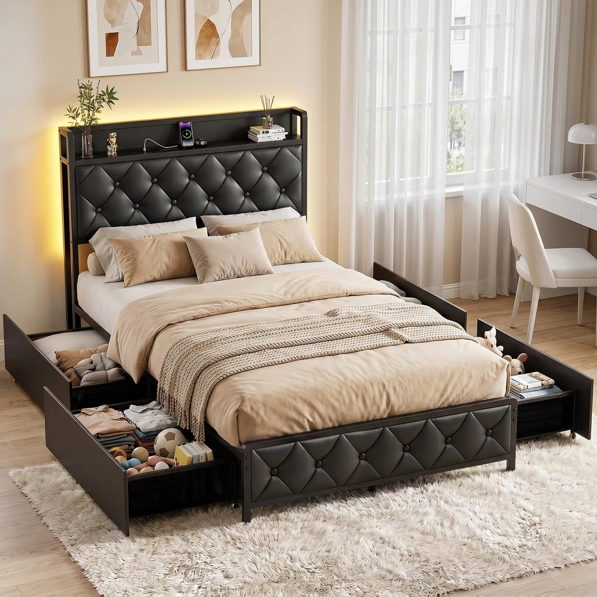 Twin Bed Frame with Headboard, LED Platform Bed with Storage