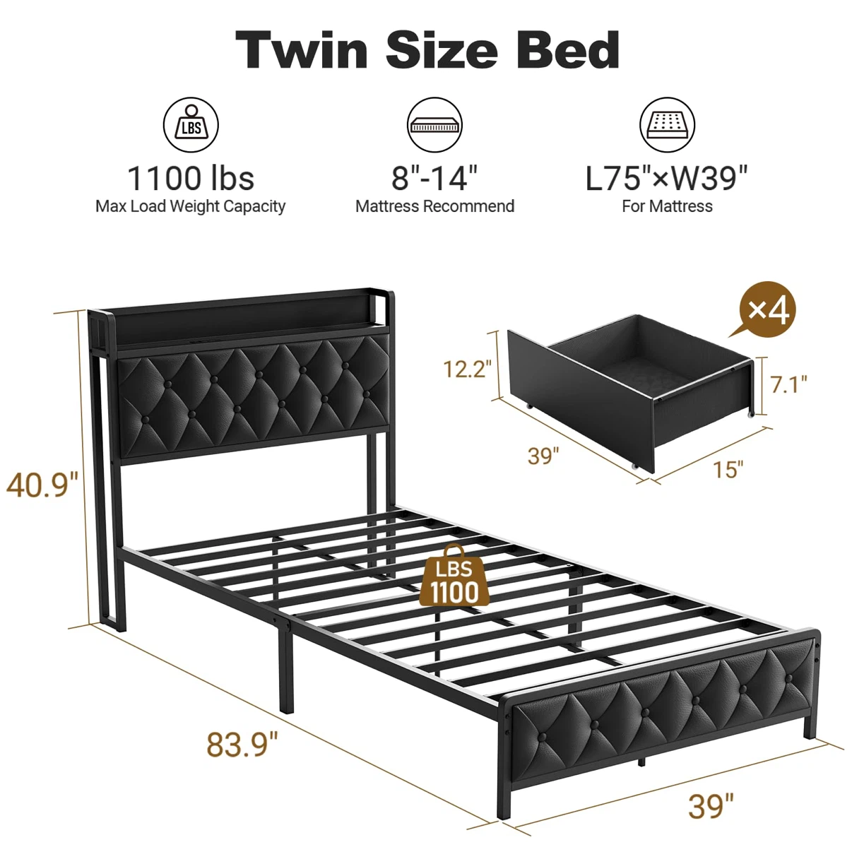 Twin Bed Frame with Headboard, LED Platform Bed with Storage - photo 2
