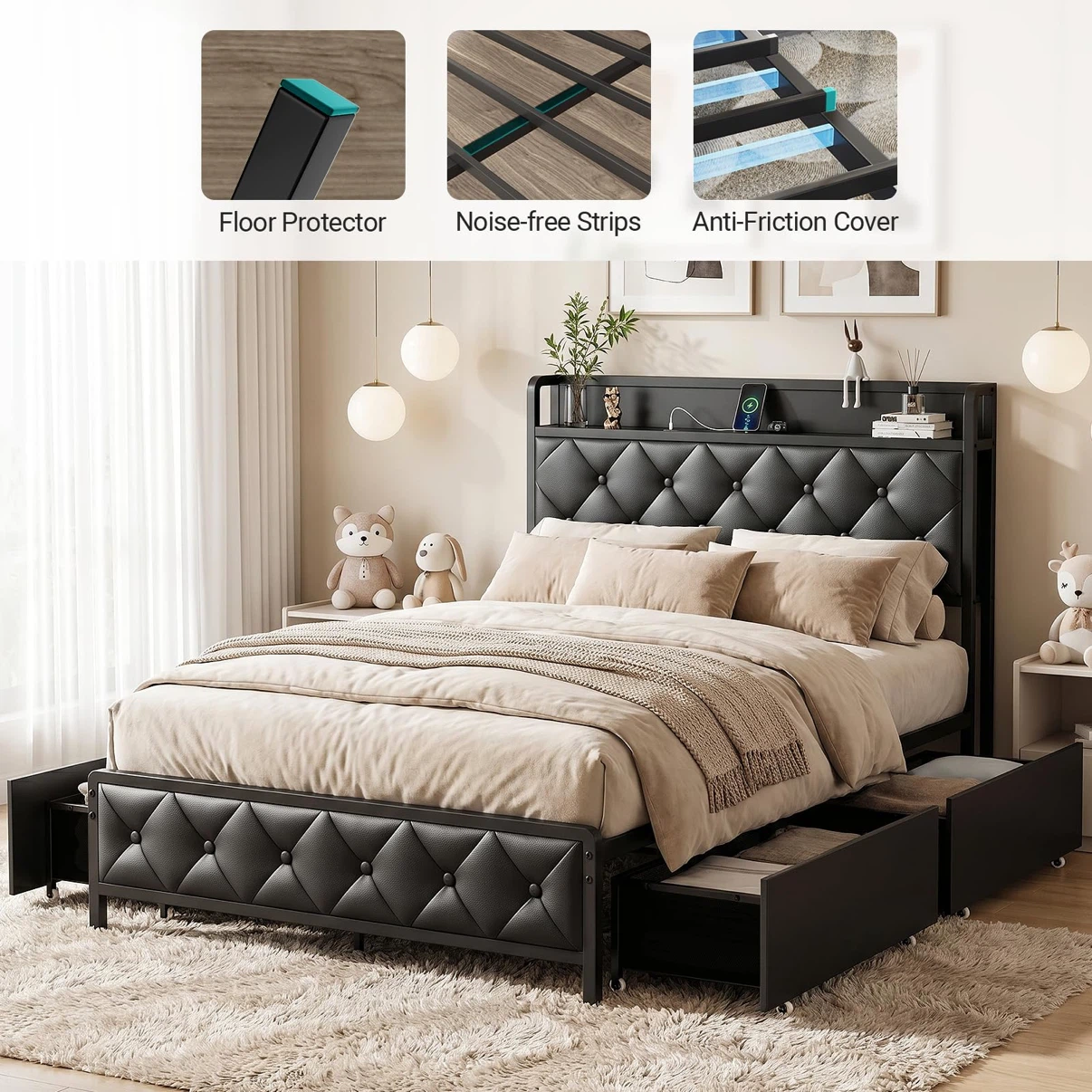 Twin Bed Frame with Headboard, LED Platform Bed with Storage - photo 4