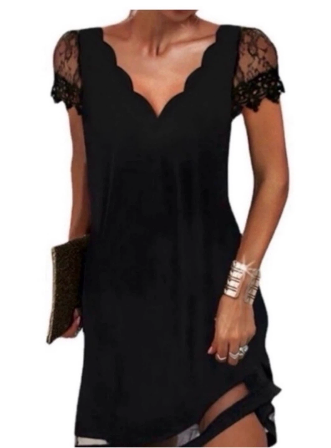 Black Lace Trim Scalloped Neck Dress